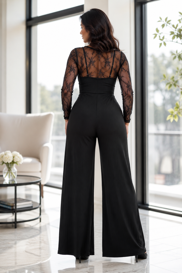 VICTORIA - Solid Color Lace Tee & Pocket Jumpsuit Set