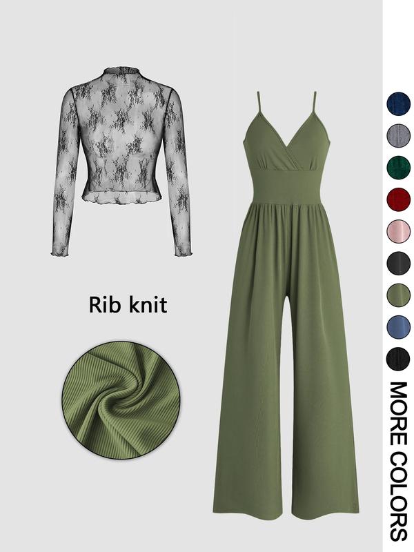 VICTORIA - Solid Color Lace Tee & Pocket Jumpsuit Set